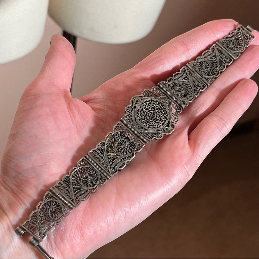 Antique Art Deco Sterling Silver Egyptian turquoise Scarab Beetle wide Bracelet - Picture 8 of 17